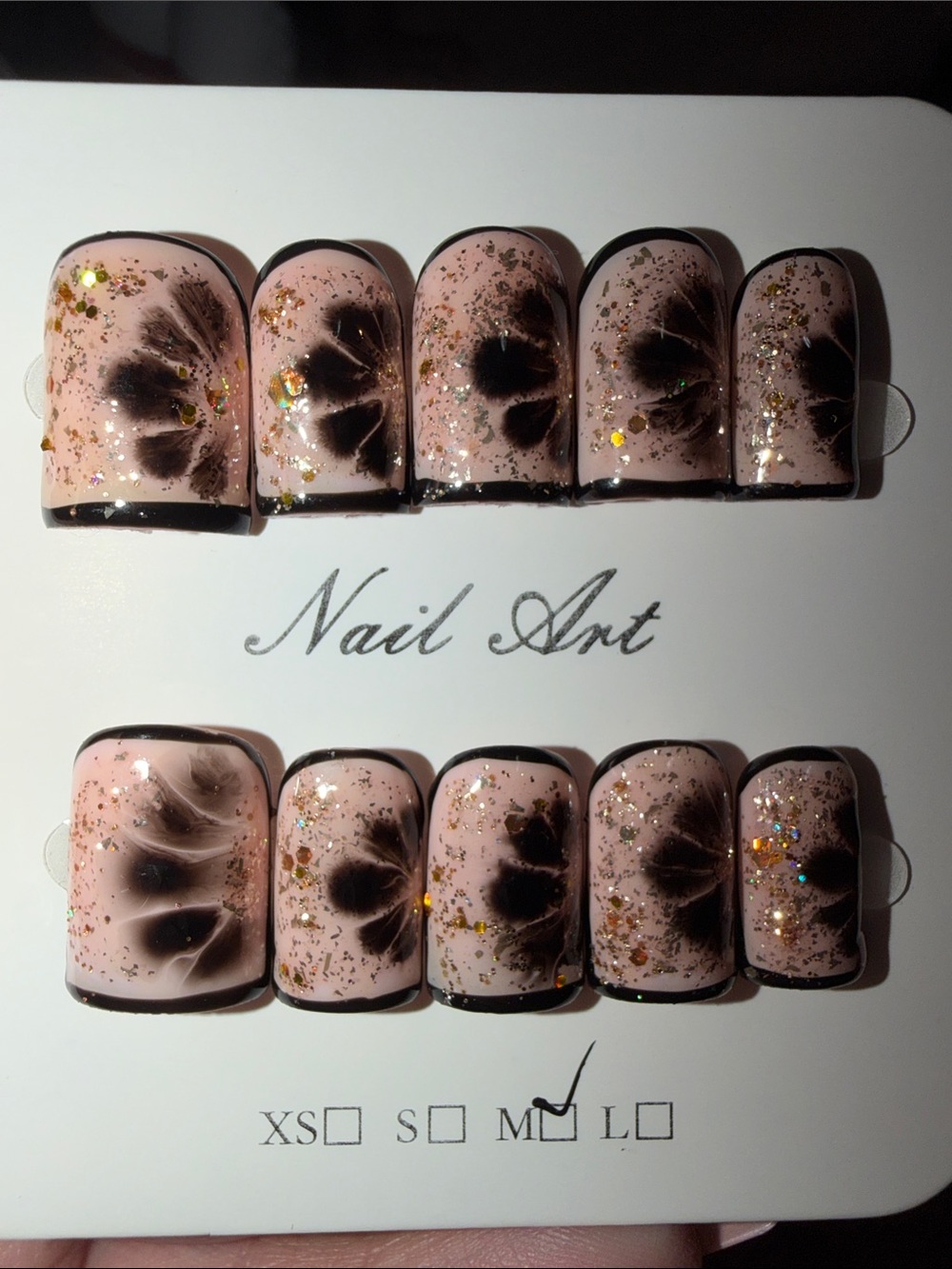 Hand-Painted Pink & Black Floral Press-On Nails with Gold Glitter